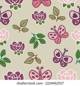 Vector butterfly, flower, leaf, beige seamless background.  Perfect for fabric, wallpaper, scrapbooking projects.