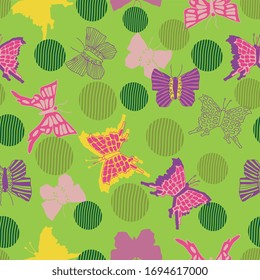 Vector butterfly and flower pattern, green and lila butterfly, blossom. Repeating pattern,