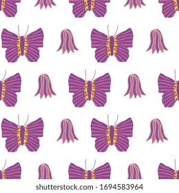 Vector butterfly and flower pattern, lila butterfly and harebell blossom. Repeating pattern,