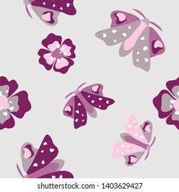 vector butterfly flower pink grey seamless repeting cute childish pattern