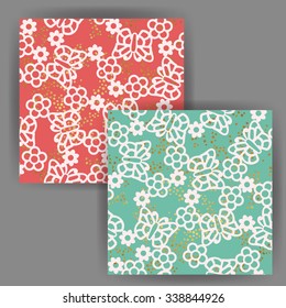 Vector Butterfly & Flower Seamless Patterns with Gold Foil Stamp Effect