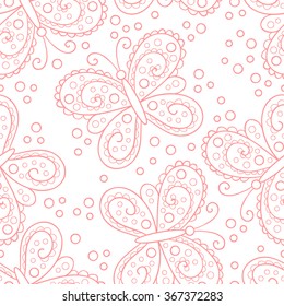 Vector butterfly and flowers pink seamless pattern.