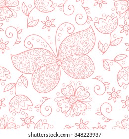 Vector butterfly and flowers seamless pattern. Cute pink background.