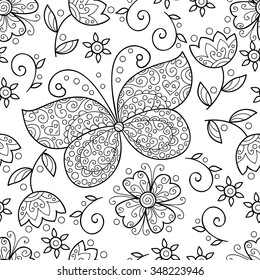 Vector butterfly and flowers seamless pattern. Black and white background.