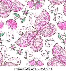 Vector butterfly and flowers seamless pattern. Pink cute background.