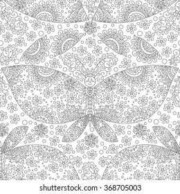 Vector butterfly and flowers seamless pattern. Black and white background.