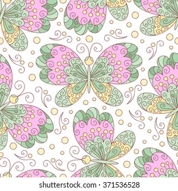 Vector butterfly and flowers seamless pattern. Cute doodle background with butterfly.