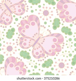 Vector butterfly and flowers seamless pattern. Cute doodle background with butterfly.