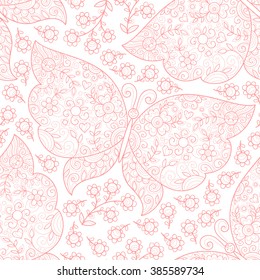 Vector butterfly and flowers seamless pattern. Pink cute background.