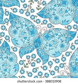 Vector butterfly and flowers seamless pattern. Cute background.