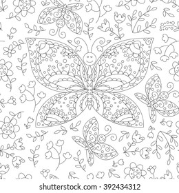 Vector butterfly and flowers seamless pattern. Cute black and white background.