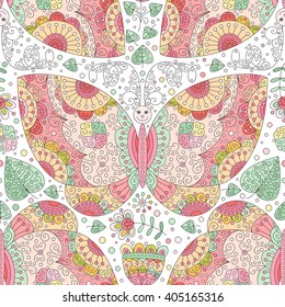 Vector butterfly and flowers seamless pattern. Rainbow colored background.