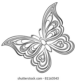 Vector, butterfly, hand-draw monochrome contours on a white background