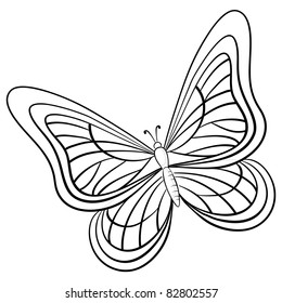 Vector, butterfly, hand-draw monochrome contours on a white background