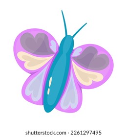 Vector butterfly with heart isolated. Simple purple butterfly for valentines design. Flat vector illustration.