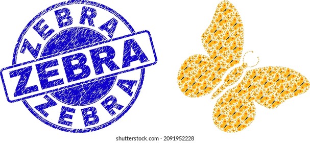 El collage de iconos de la mariposa vectora se forma a partir de iconos dispersos de la mariposa. Sello redondo azul corroido por cebra. Collage fractal del icono de la mariposa. El sello azul tiene una leyenda de cebra en su interior.