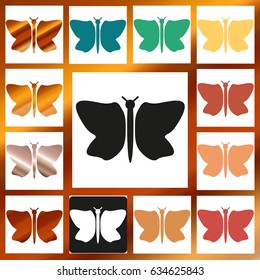 Vector Butterfly icon, logos or emblem. Different colors with golden textures.