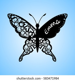vector butterfly, Laser cutting wedding card, Decorative card. paper black. butterfly invitation. on the wing of the inscription the name of Emma. black