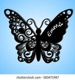 vector butterfly, Laser cutting wedding card, Decorative card. paper black. butterfly invitation. on the wing of the inscription the name of Emma. black