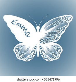 vector butterfly, Laser cutting wedding card, Decorative card. paper black. butterfly invitation. on the wing of the inscription the name of Emma. withe