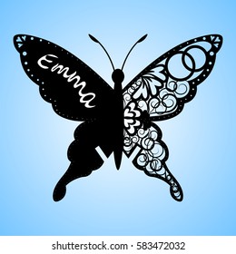 vector butterfly, Laser cutting wedding card, Decorative card. paper black. butterfly invitation. on the wing of the inscription the name of Emma. black