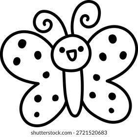 Icono de línea de mariposa de Vector. Adorable Clipart de polilla de primavera. Insecto divertido del bosque, del bosque o del jardín. Bug lindo con alas extendidas ilustración en blanco y negro, página para colorear para niños aislados en blanco