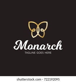 Vector butterfly logo design template. Graphic monarch insect logotype, sign and symbol. Modern golden linear badge. Colorful fly label illustration isolated on background.