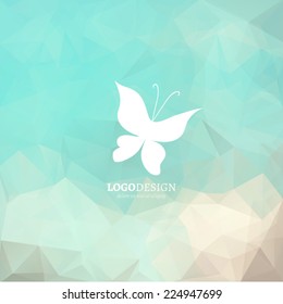 Vector butterfly logotype on turquoise polygonal abstract background. White animal silhouette on colorful backdrop. Logo design template.