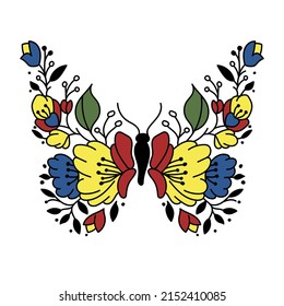 Vector Butterfly Made Of Flowers Folk Colors.