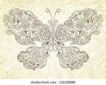 Vector butterfly made of flowers on grungy crumpled paper, fully editable eps 10 file