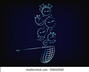 vector of butterfly net collecting clocks, concept of catching time and keeping up with a busy schedule, with mesh background
