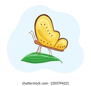 Vector butterfly on green leaf in cartoon style