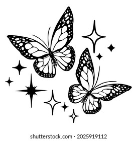 Vector butterfly outline silhouette black tattoo drawing illustration, bright shining stencil isolated stars.Two flying butterflies.Plotter laser cutting.T shirt print design.Vinyl wall sticker decal.