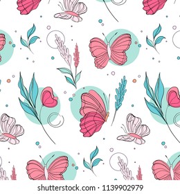 Vector butterfly pattern. Nature insect background with botanical leaves. Kids summer illustration. Natural spring pink cloth, wrap, decoration print