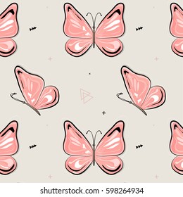 Vector Butterfly Pattern. Nature Insect Background. Kids Summer Illustration. Natural Spring Pink Print