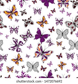 Vector. Butterfly pattern white, black and purples. Seamless. Superb background for design of fabric, paper, wrappers and wallpaper.