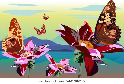 Vector butterfly is perched on beautiful colorful flowers with a view of the mountains