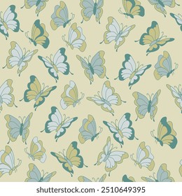 Diseño de patrón de mariposa de Vector sin fisuras en tonos de verdes y azules. Perfecto para scrapbooking, papel de embalaje, tela o un patrón de fondo. Dibujado a mano y recreado en adobe ill