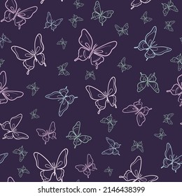 Vector butterfly seamless repeat background. Dark, neon pattern.