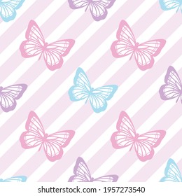 Vector butterfly seamless repeat pattern design background. Random colorful butterfly silhouette, cute girly pastel pattern.