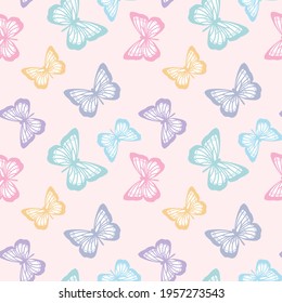 Vector butterfly seamless repeat pattern design background. Random colorful butterfly silhouette, cute girly pastel pattern.