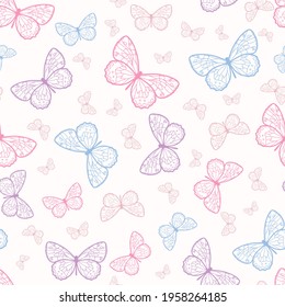 Vector butterfly seamless repeat pattern design background. Random colorful butterfly silhouette, cute girly pastel pattern.