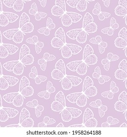 Vector butterfly seamless repeat pattern design background. Purple and white butterfly silhouette, cute girly pastel pattern.