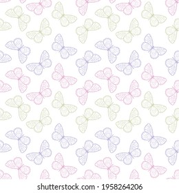 Vector butterfly seamless repeat pattern design background. Random colorful butterfly silhouette, cute girly pastel pattern.