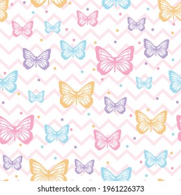 Vector butterfly seamless repeat pattern design background. Random colorful butterfly silhouette, cute girly pastel pattern.