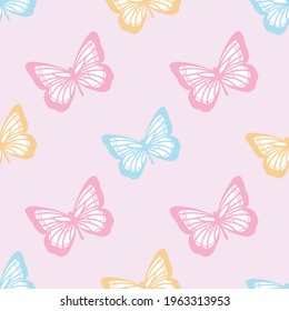 Vector butterfly seamless repeat pattern design background. Random colorful butterfly silhouette, cute girly pastel pattern.