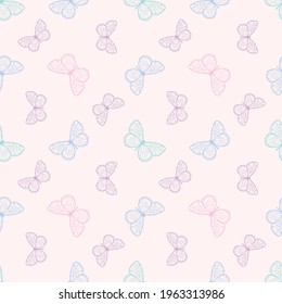 Vector butterfly seamless repeat pattern design background. Random colorful butterfly silhouette, cute girly pastel pattern.