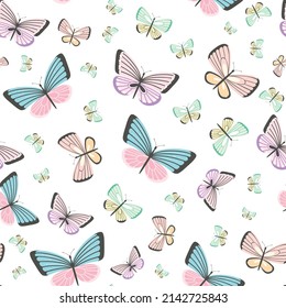 Vector butterfly seamless repeat pattern. Pastel girly background. Colorful butterfly pattern on white background.