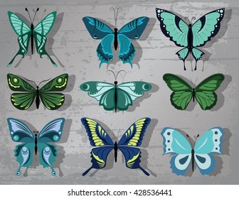 Vector Butterfly set in blue color on Vintage painted background