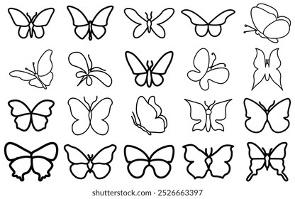 Silueta y ala de la mariposa del Vector para la camiseta y el diseño del logotipo. Conjunto de iconos de línea delgada.